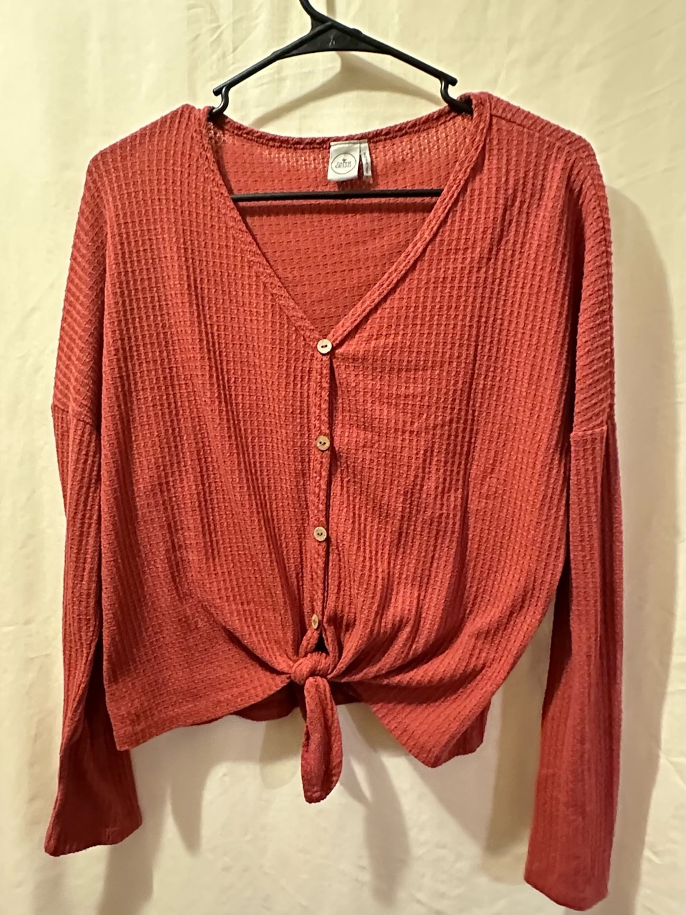 Paper Crane Waffle-Knit Tie-Front Long Sleeve Top - Rust